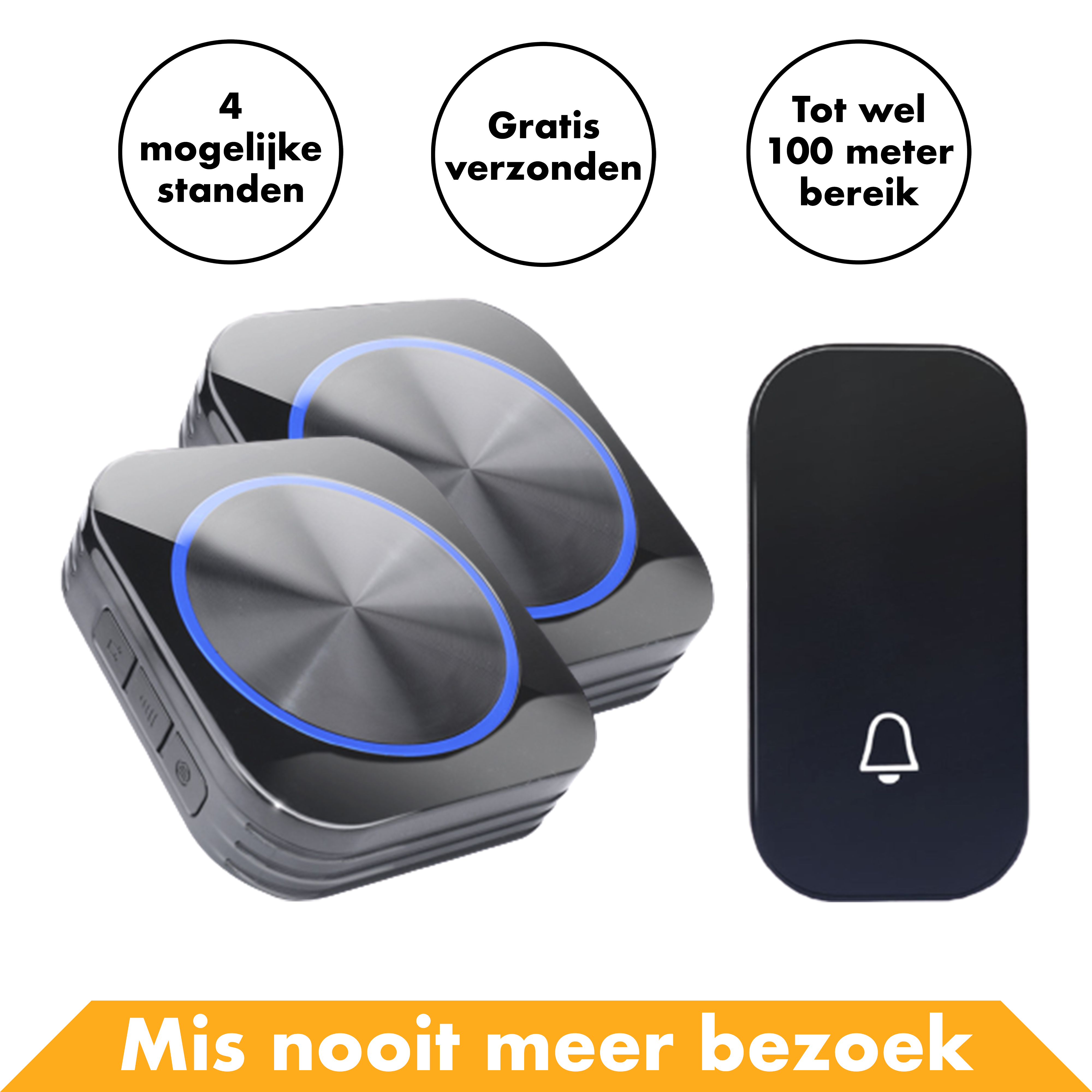 3 pack Draadloze Deurbel - 2 Ontvangers - Zwart