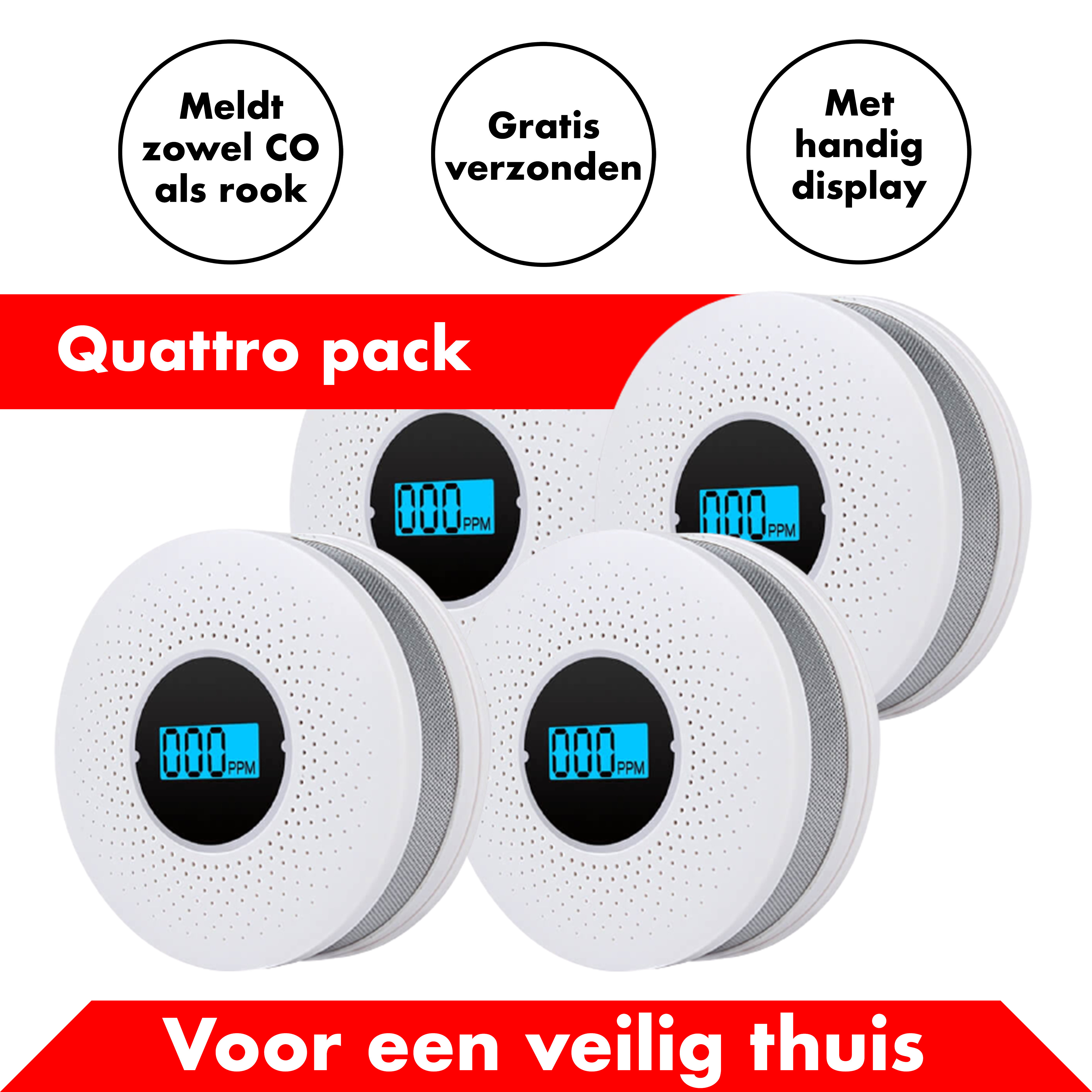 Rook en Koolstofmonoxidemelder - 4 Pack